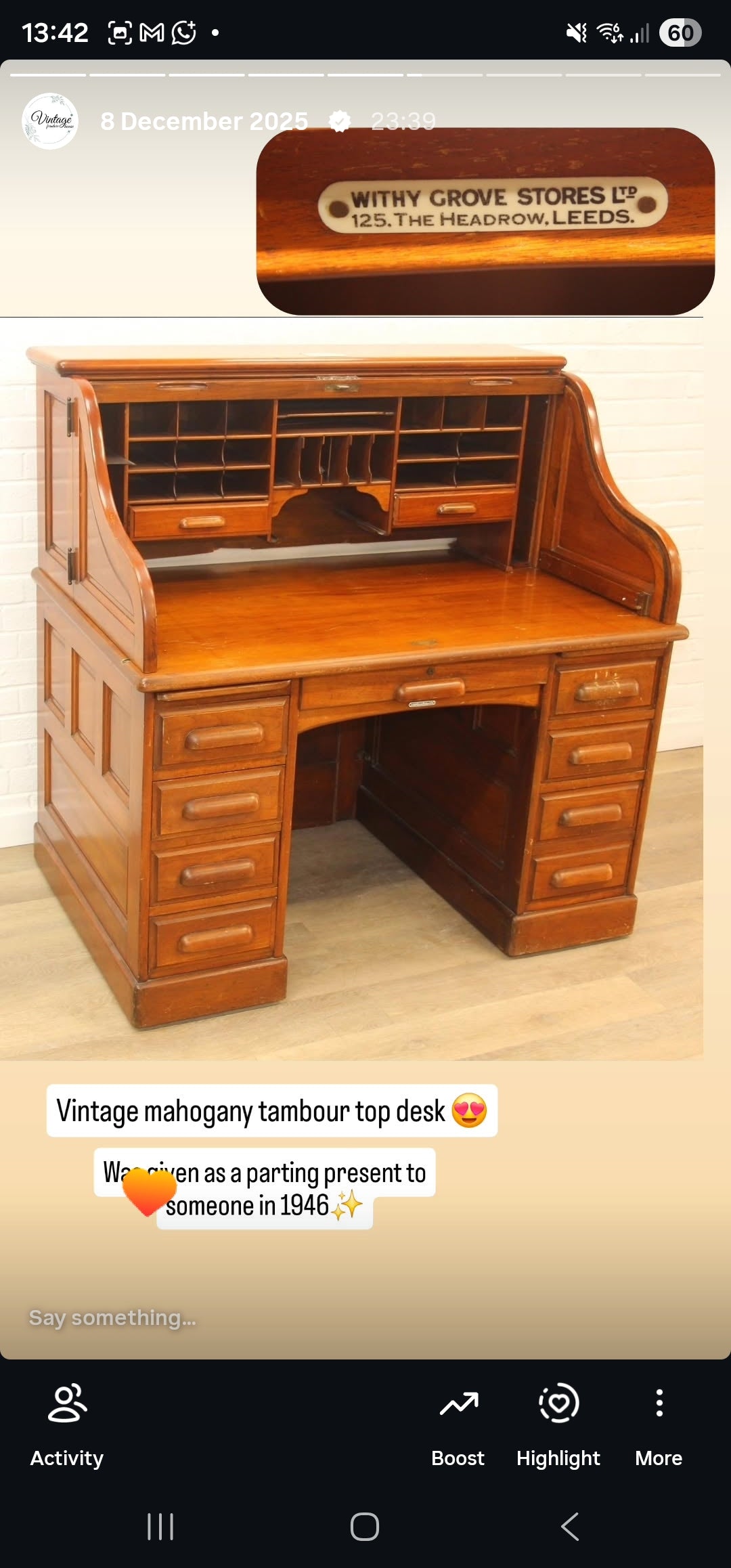 Mahogany Tambour Top Desk c. 1945