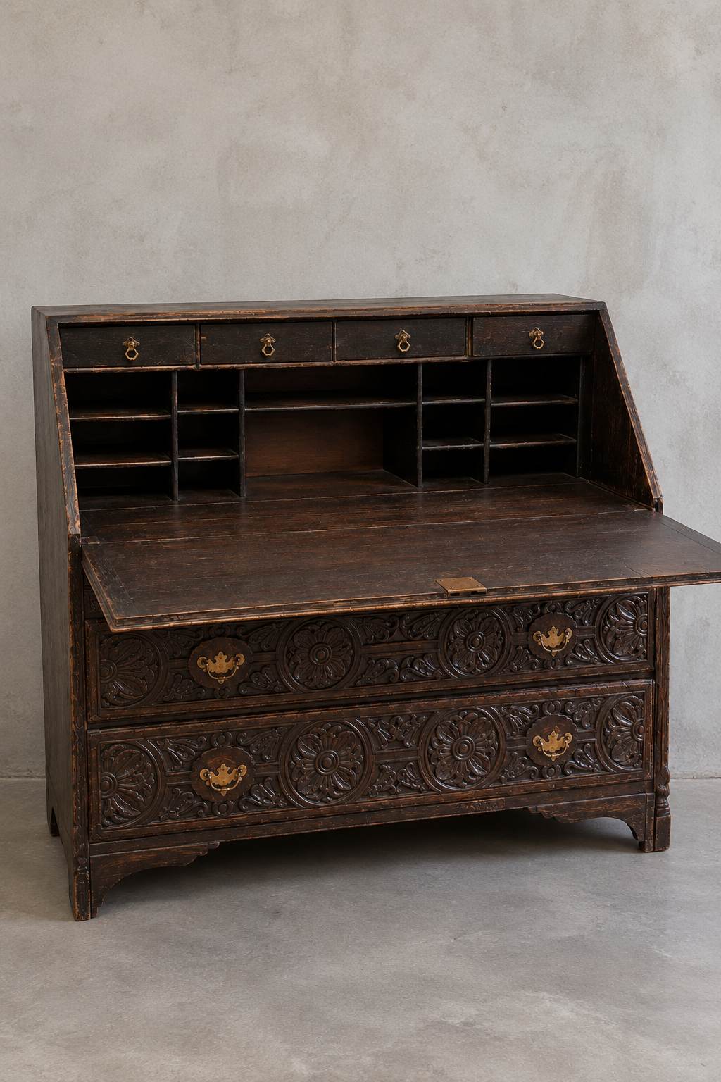 Jacobean Revival Carved Oak Bureau c. 1890