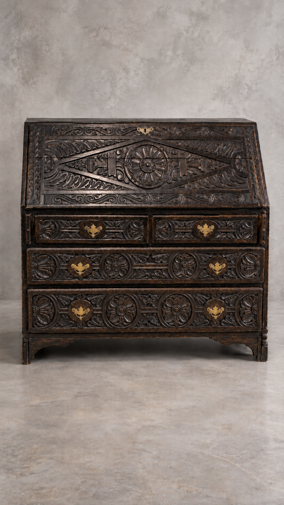 Jacobean Revival Carved Oak Bureau c. 1890