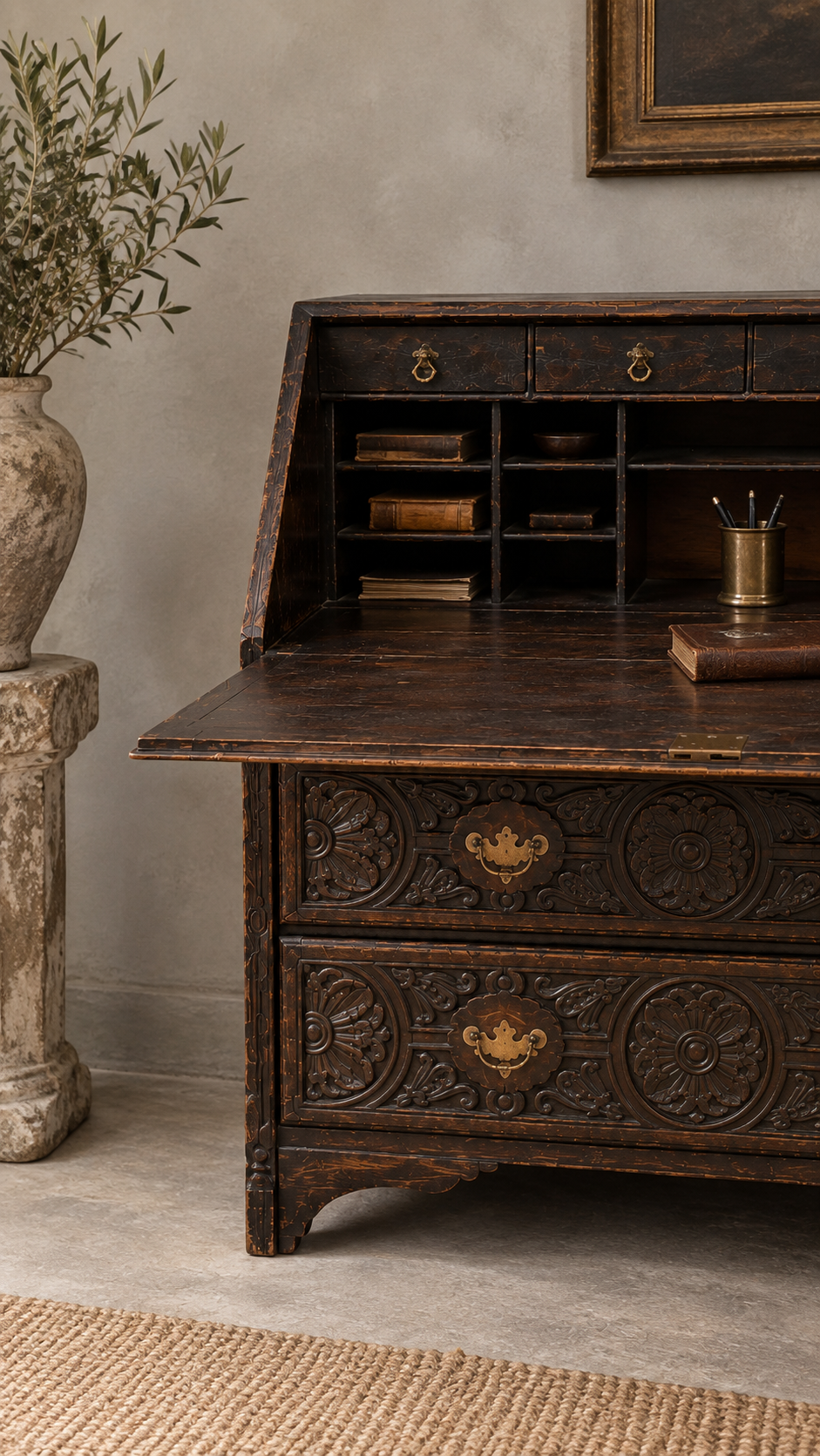 Jacobean Revival Carved Oak Bureau c. 1890