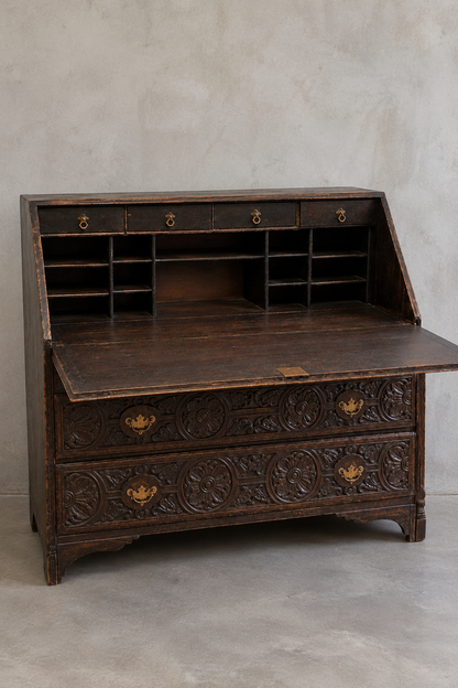 Jacobean Revival Carved Oak Bureau c. 1890