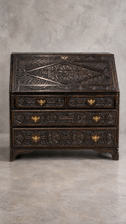 Jacobean Revival Carved Oak Bureau c. 1890