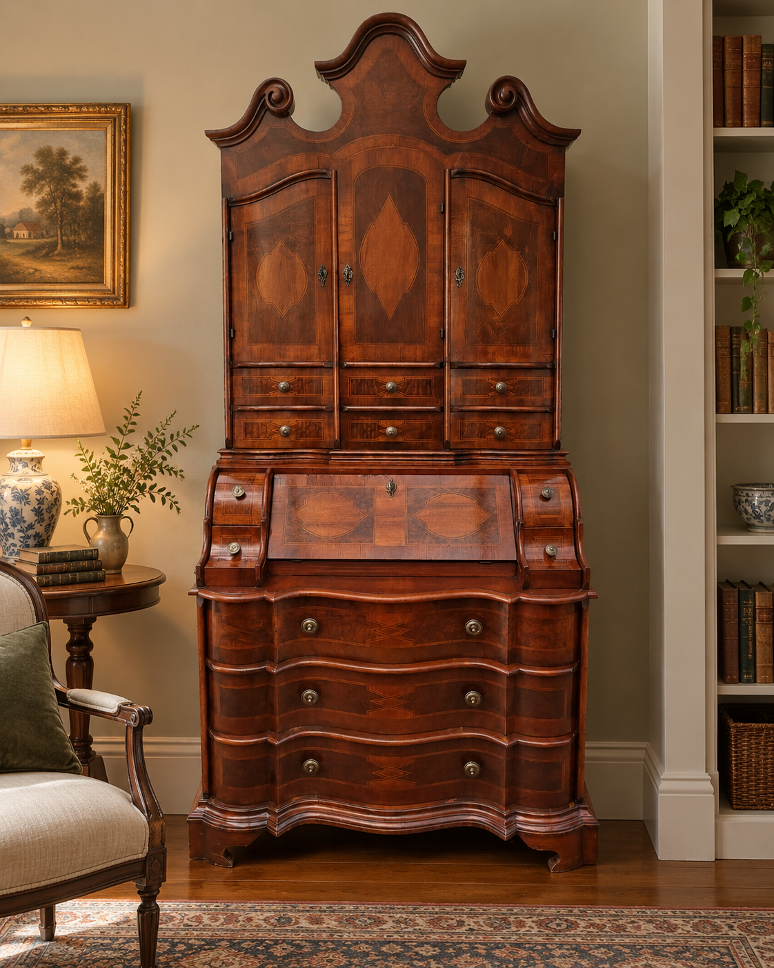 Continental Marquetry Bureau Bookcase c. 1930