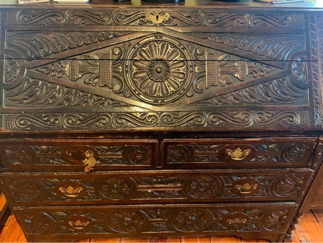 Jacobean Revival Carved Oak Bureau c. 1890